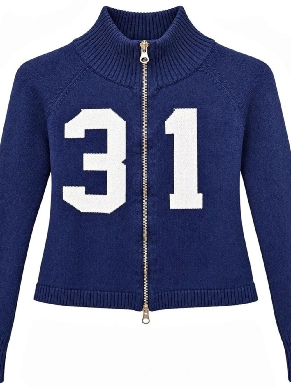 Refuge Navy Zip-Up Knit Sweater Cardigan White “31” Graphic Size Small